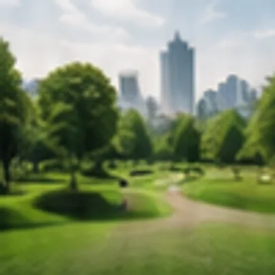 Landscaped park lawn with trees and a city skyline