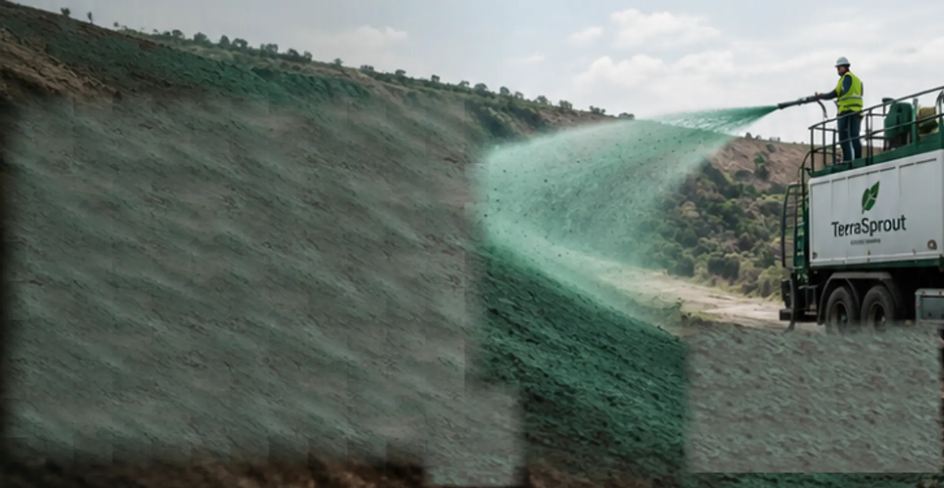 Operator on a truck-mounted hydroseeder spraying green slurry across a bare hillside